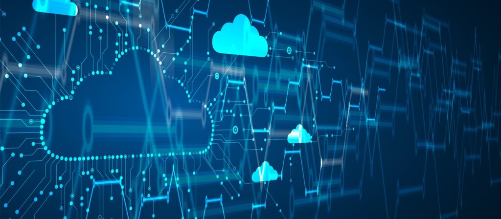 Blue digital illustration of multiple cloud icons connected by circuit lines, representing cloud computing and data networks on a dark background with abstract data transfer elements.