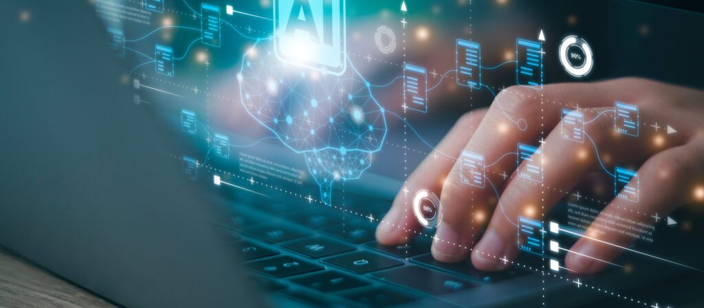 Hands typing on a laptop keyboard with digital graphics of data, circuits, and an AI brain icon overlaid, representing artificial intelligence and technology concepts.