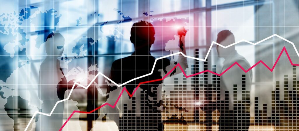 Silhouettes of businesspeople stand in front of large windows with a world map overlay, bar graphs, and rising red and white trend lines representing financial growth and global business data.