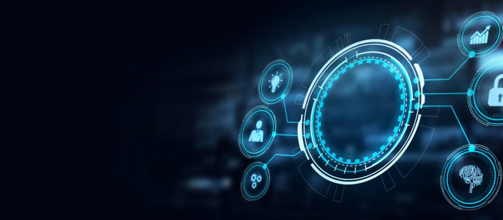 Digital interface with a central glowing blue circle connected to six technology icons, including a padlock, graph, person, gears, brain, and network, on a dark background.