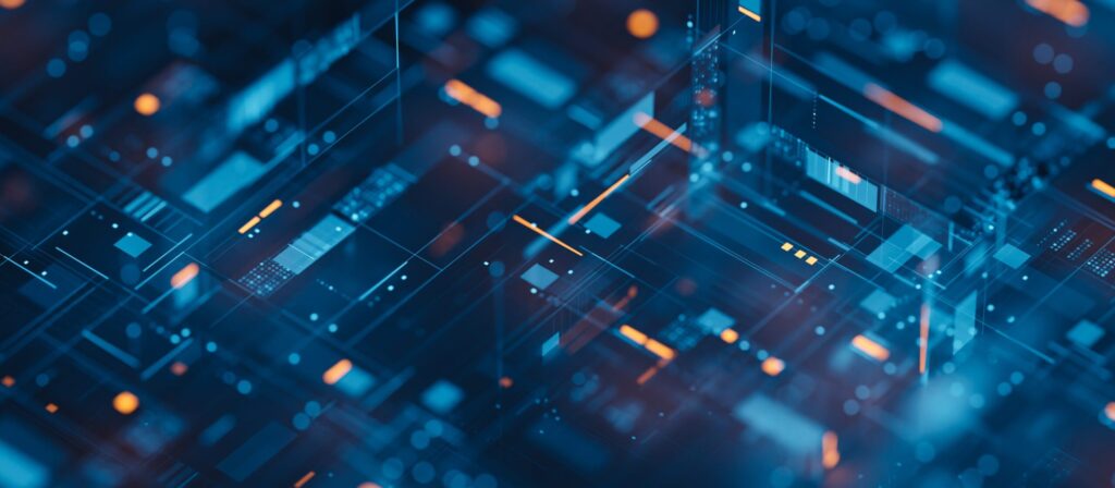 Abstract digital image featuring blue and orange glowing circuit-like patterns and geometric shapes, resembling a futuristic data network or electronic circuit board.