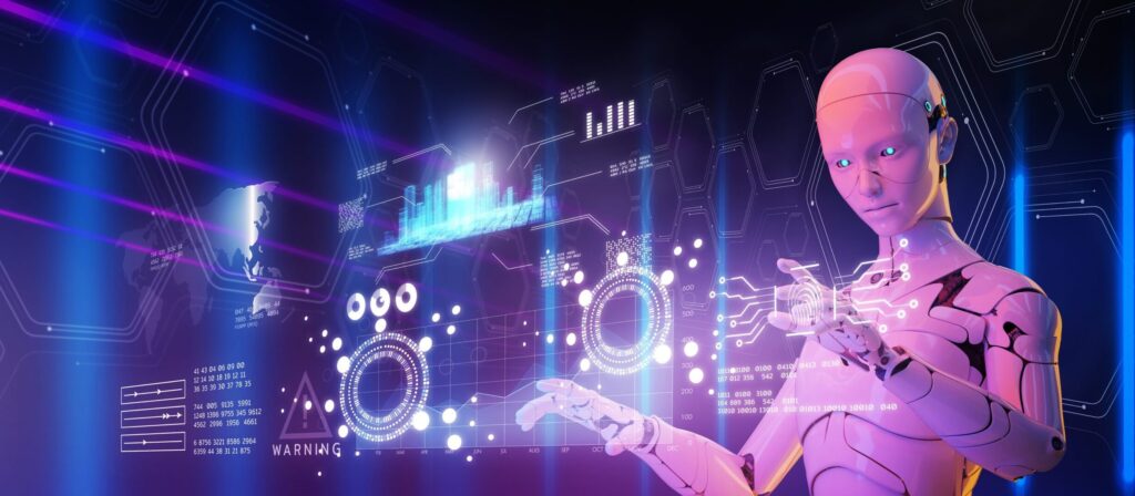 A humanoid robot interacts with virtual screens displaying digital data, graphs, and holographic elements in a futuristic, high-tech environment with purple and blue lighting.